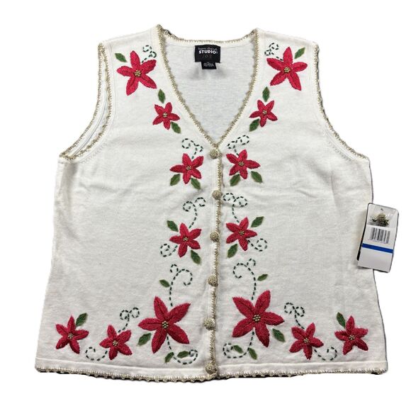 Designers Originals NWT Sweater Vest Poinsettia Embroidered Beaded Ivory XL I285 - Picture 1 of 8